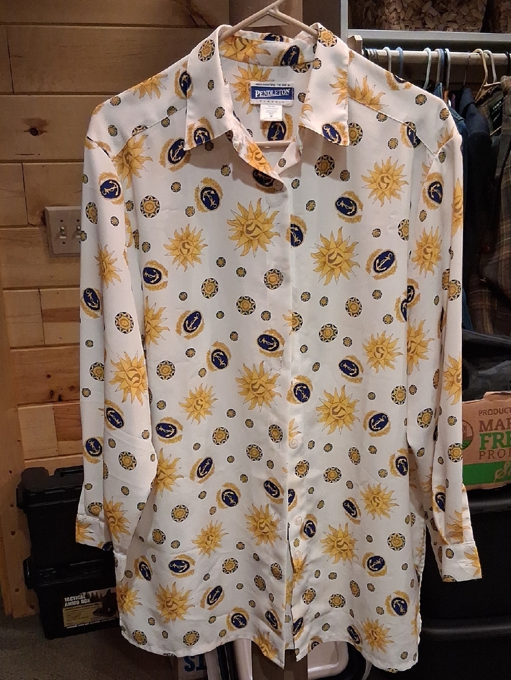 Pendleton Womens Button-Up Shirt with Yellow Sun & Navy Medallion Print Nautical